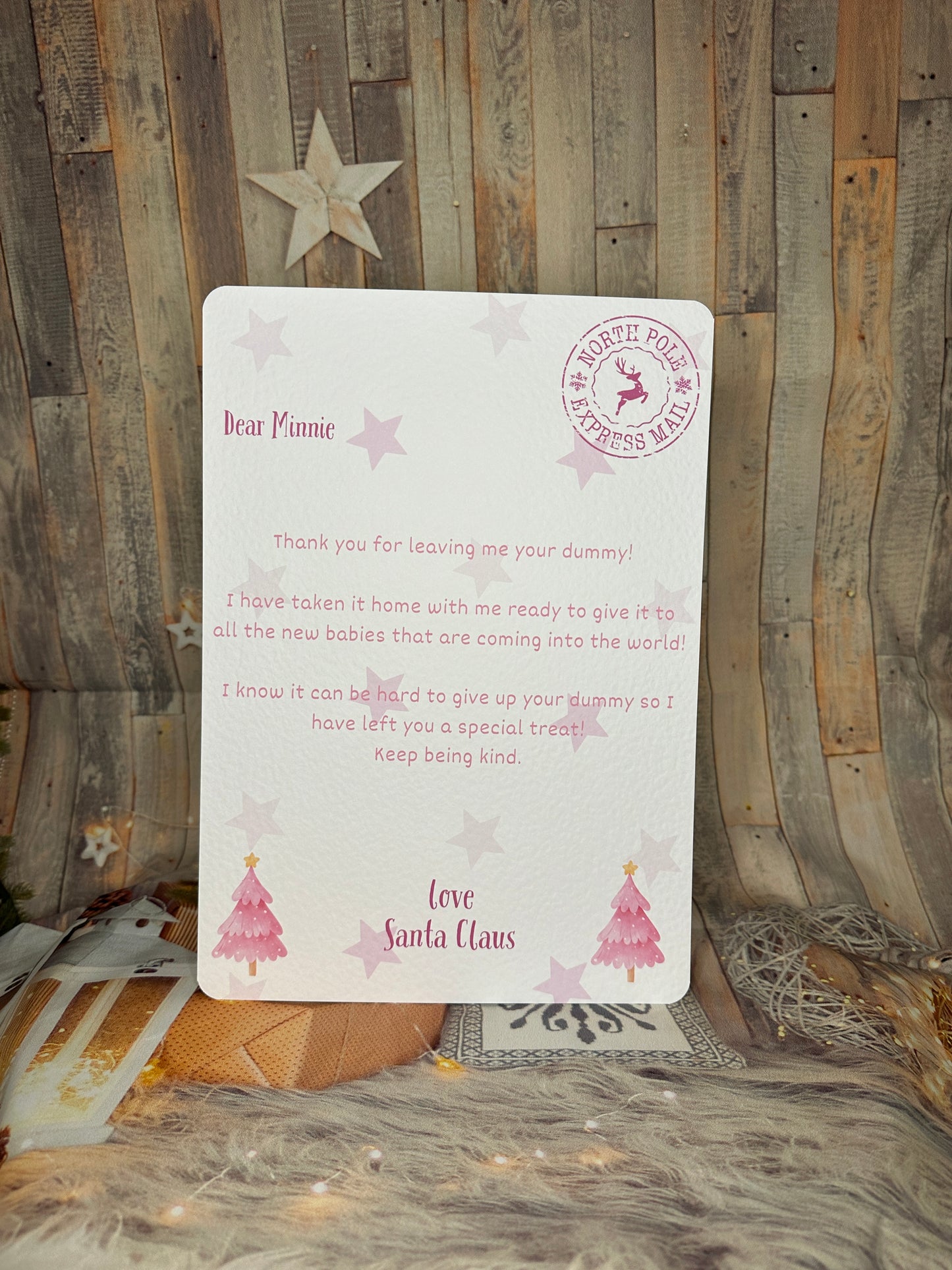 Pink Personalised Letter From Santa Thanking The Child For Giving Up The Dummy- A4, Personalised