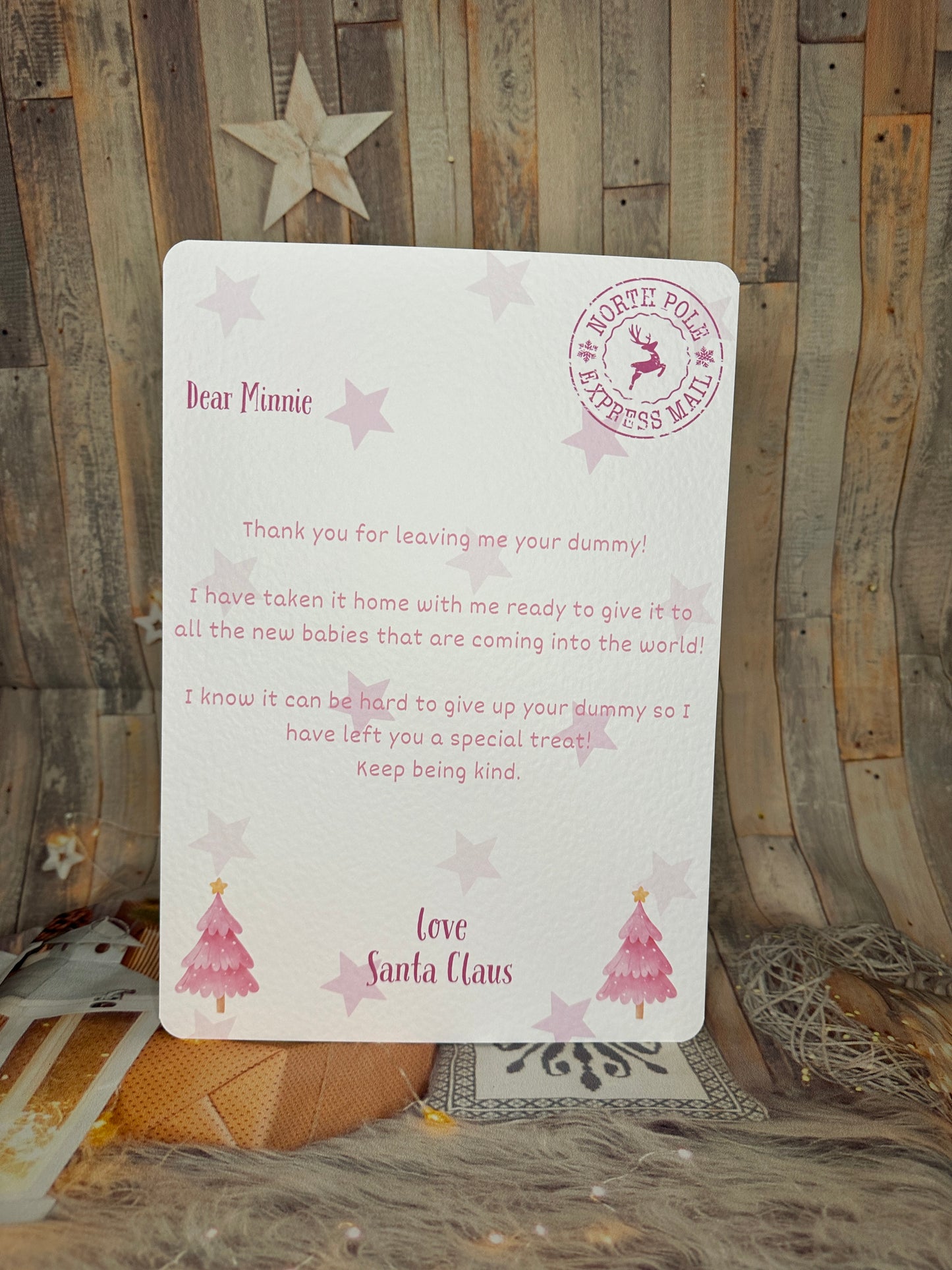 Pink Personalised Letter From Santa Thanking The Child For Giving Up The Dummy- A4, Personalised