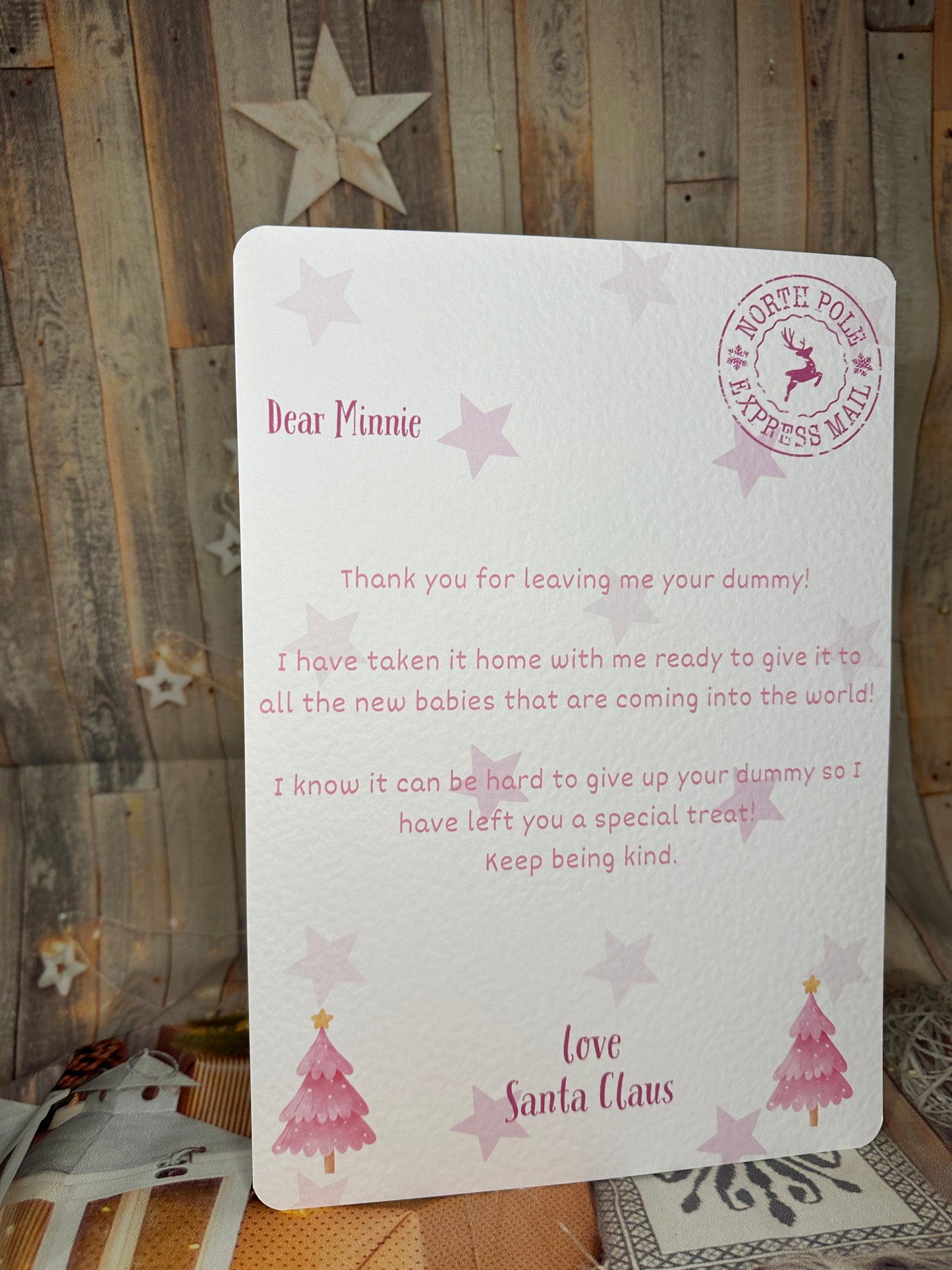 Pink Personalised Letter From Santa Thanking The Child For Giving Up The Dummy- A4, Personalised