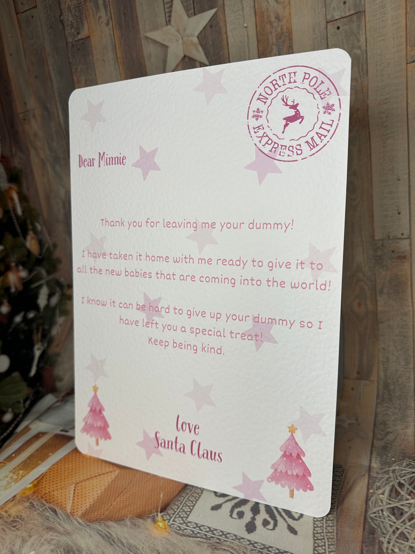 Pink Personalised Letter From Santa Thanking The Child For Giving Up The Dummy- A4, Personalised