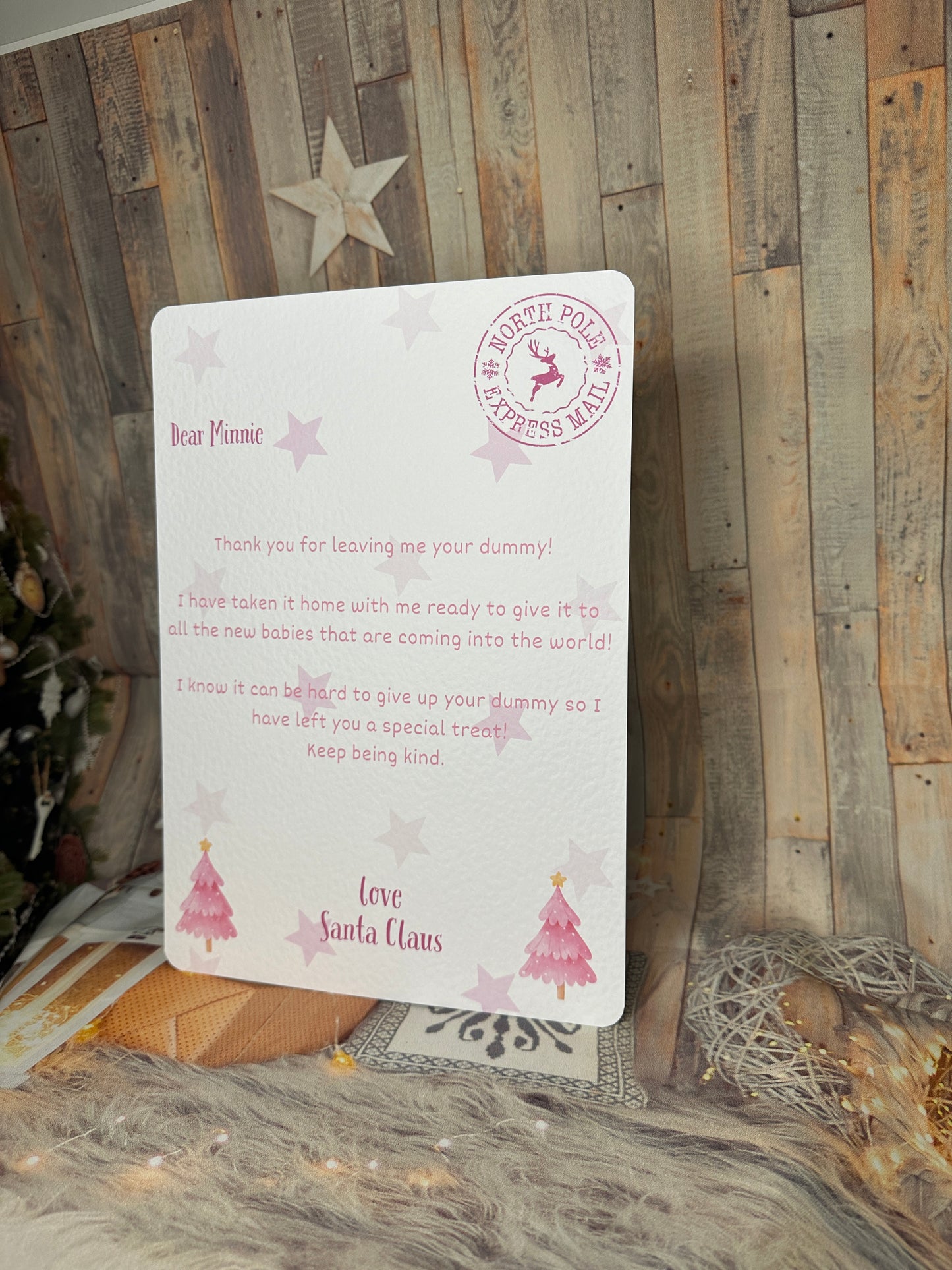 Pink Personalised Letter From Santa Thanking The Child For Giving Up The Dummy- A4, Personalised