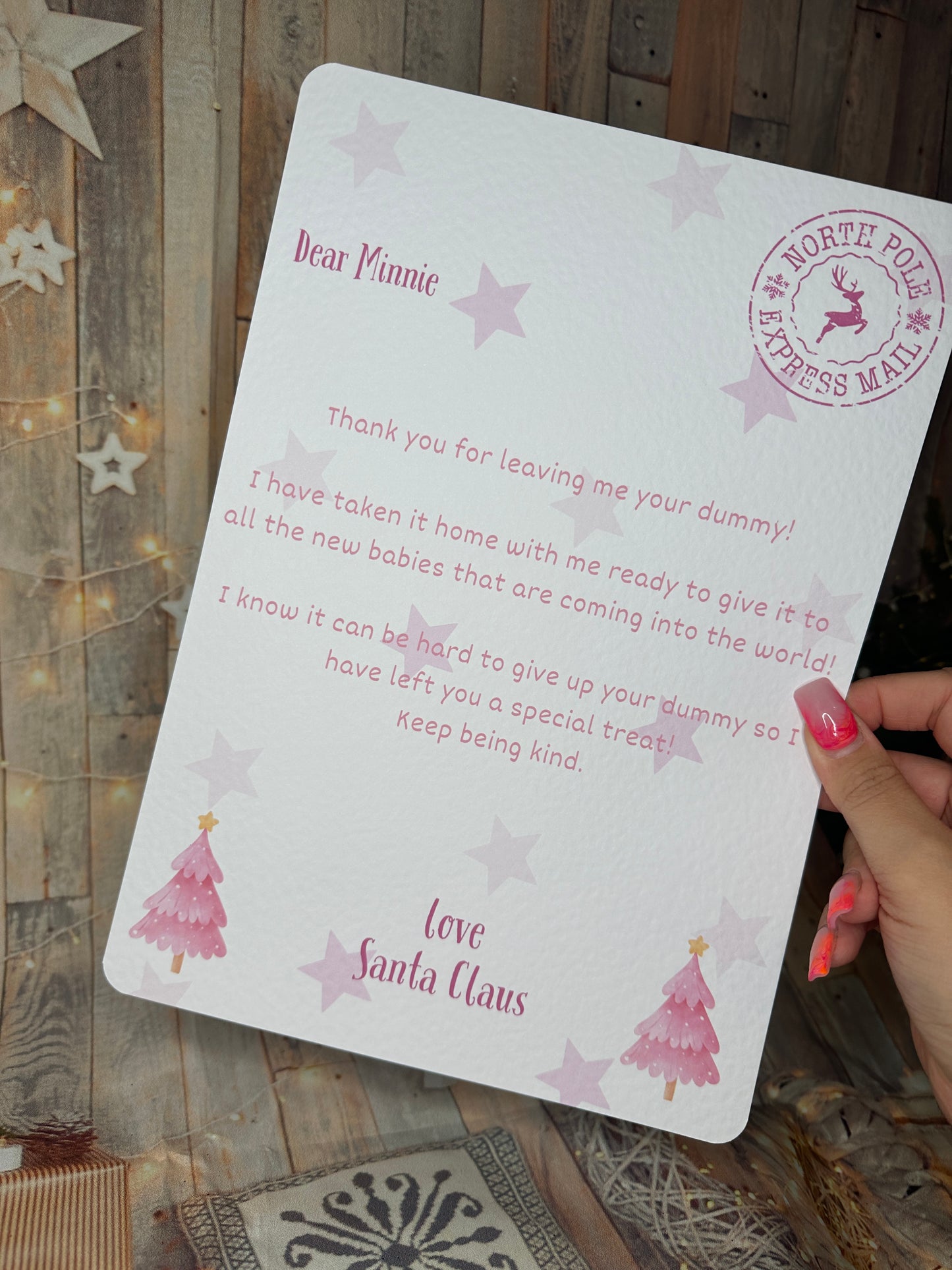 Pink Personalised Letter From Santa Thanking The Child For Giving Up The Dummy- A4, Personalised