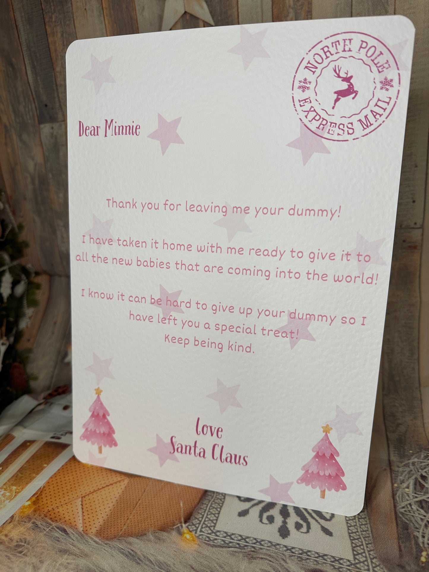 Pink Personalised Letter From Santa Thanking The Child For Giving Up The Dummy- A4, Personalised