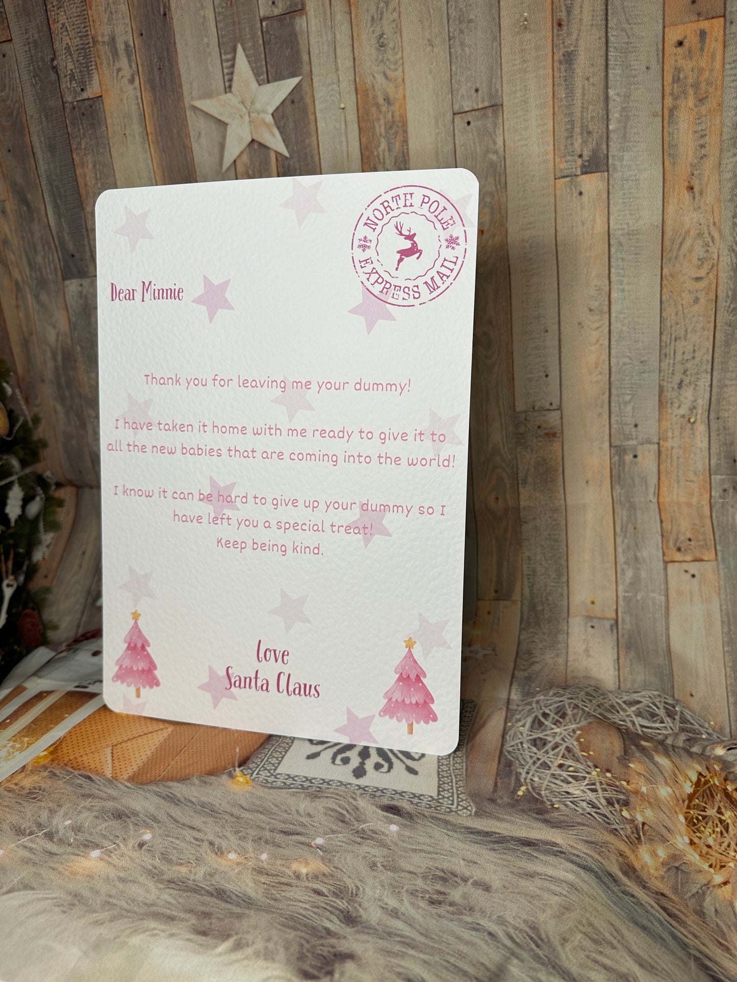 Pink Personalised Letter From Santa Thanking The Child For Giving Up The Dummy- A4, Personalised