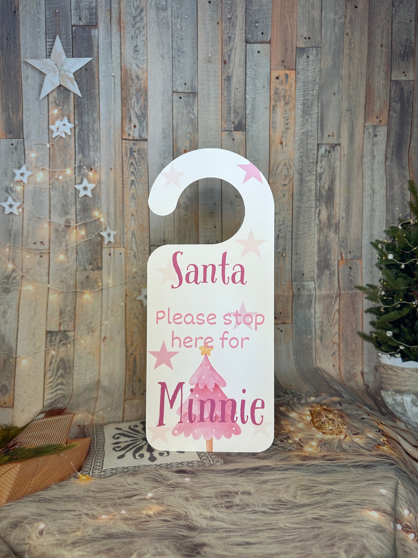 Pink Christmas "Santa Stop Here' Door Hanger- Personalised