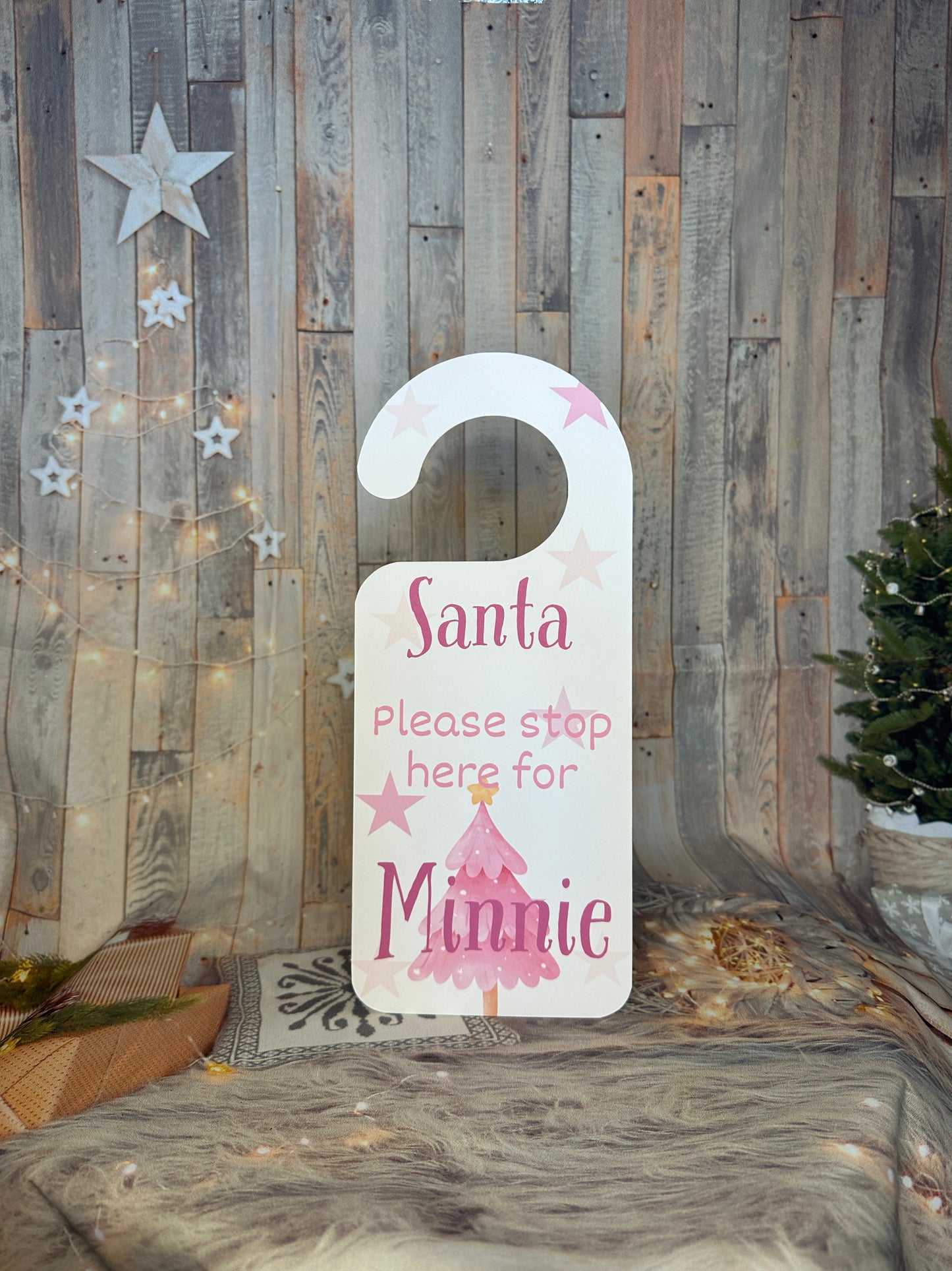 Pink Christmas "Santa Stop Here' Door Hanger- Personalised