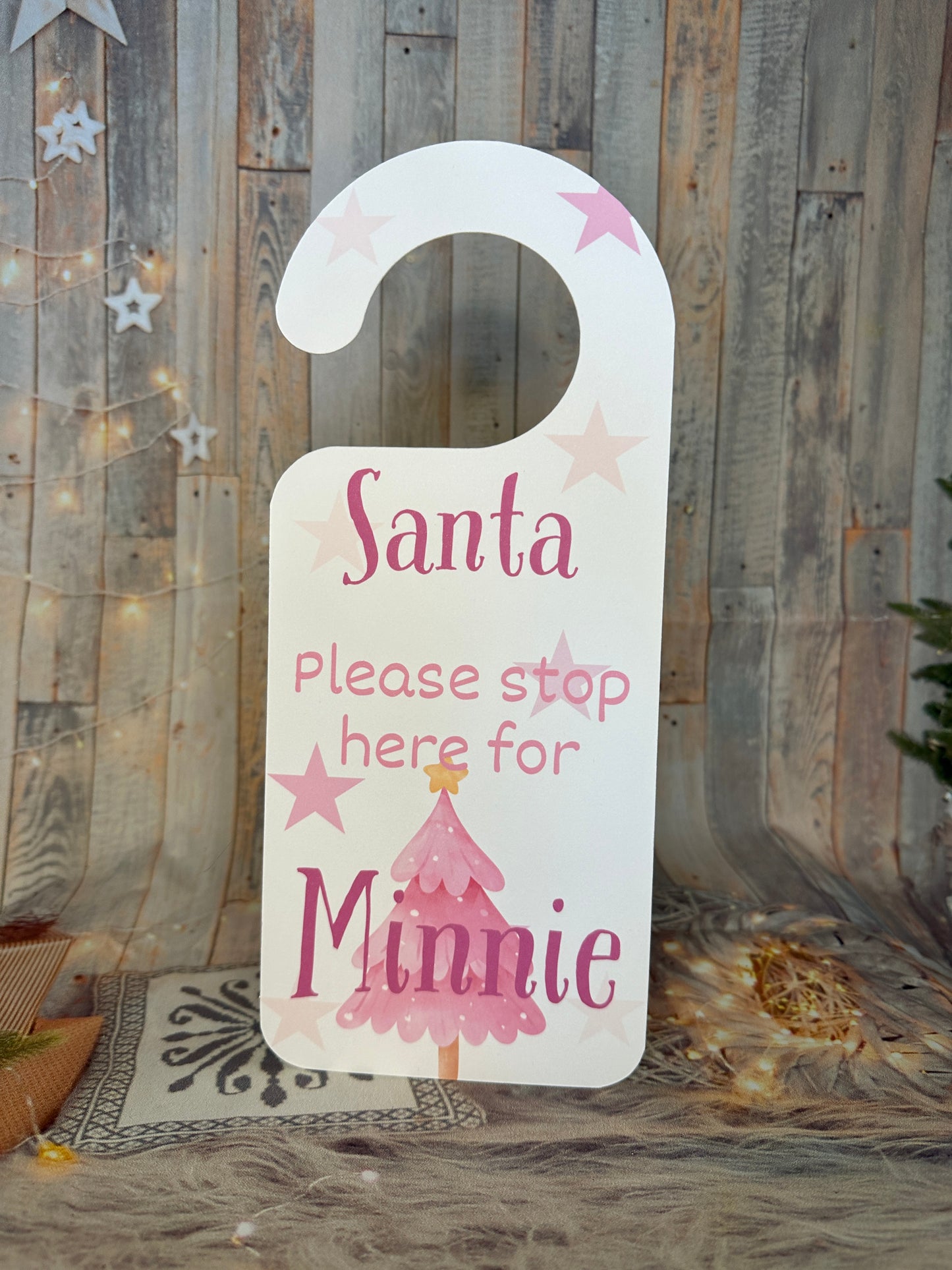 Pink Christmas "Santa Stop Here' Door Hanger- Personalised