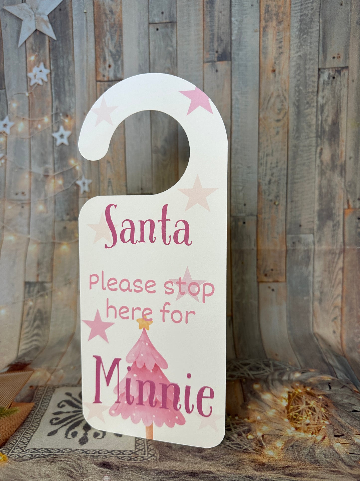 Pink Christmas "Santa Stop Here' Door Hanger- Personalised