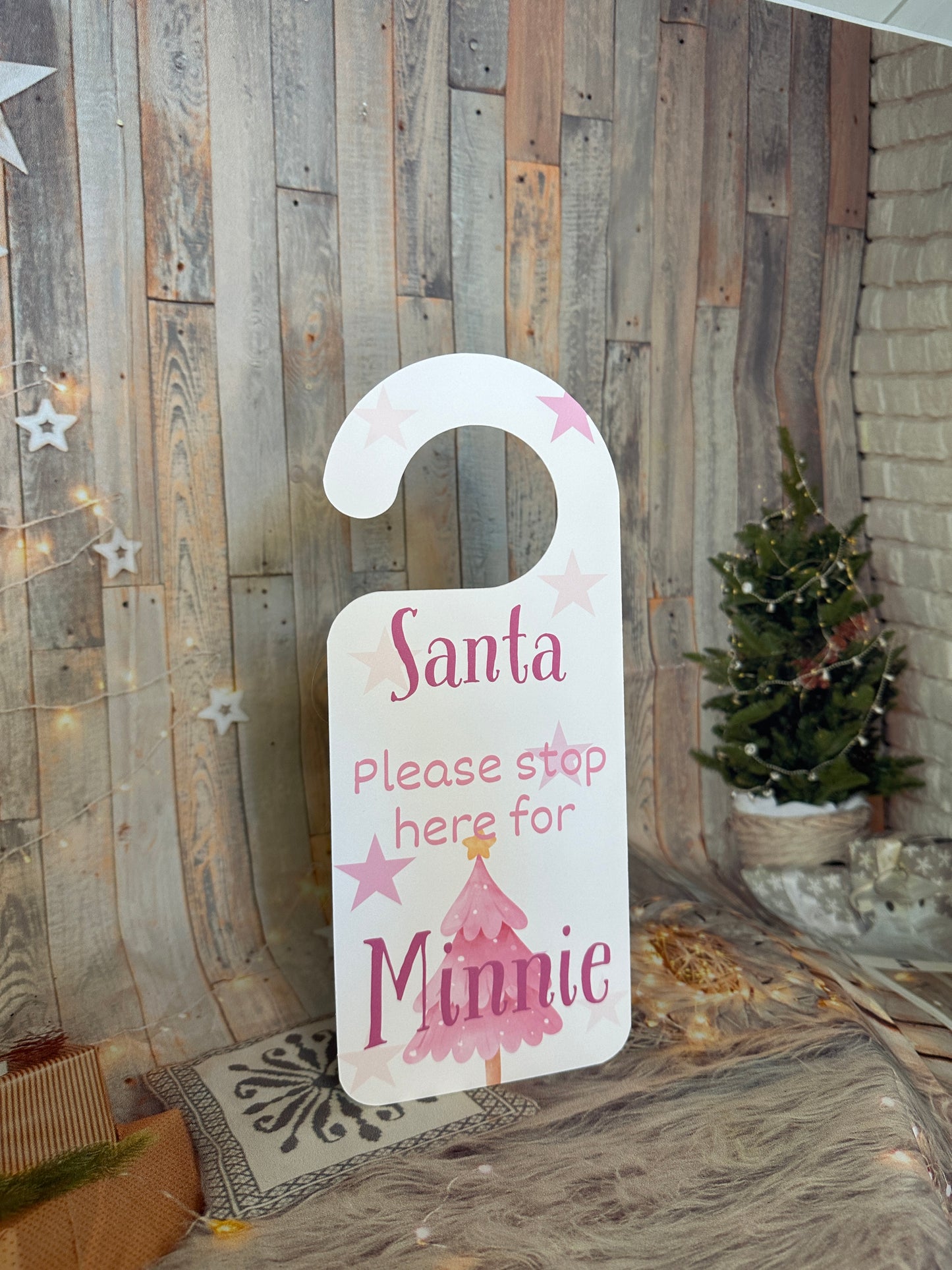 Pink Christmas "Santa Stop Here' Door Hanger- Personalised