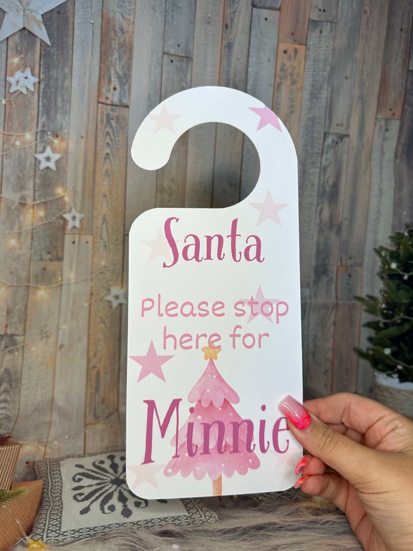 Pink Christmas "Santa Stop Here' Door Hanger- Personalised