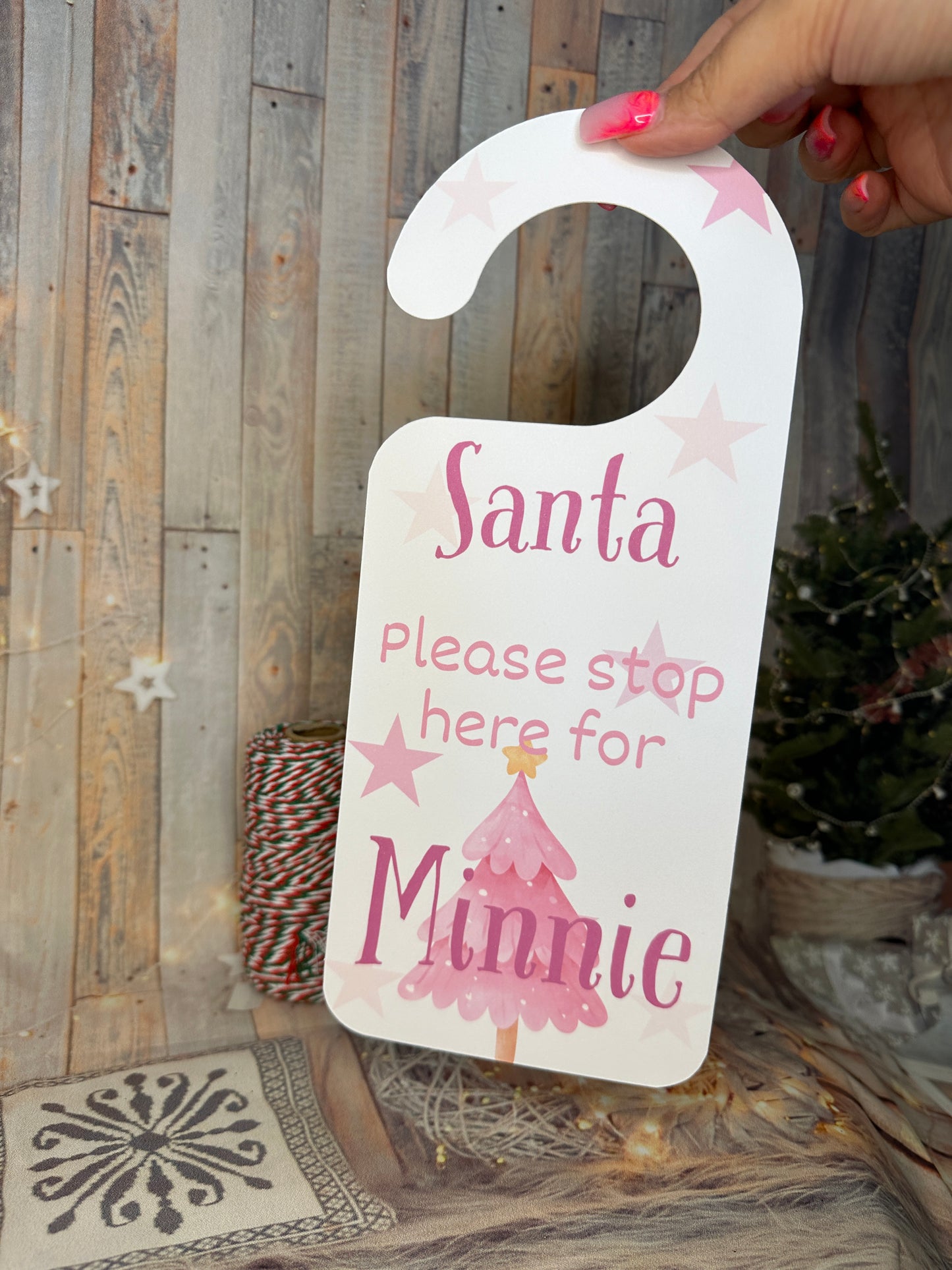 Pink Christmas "Santa Stop Here' Door Hanger- Personalised