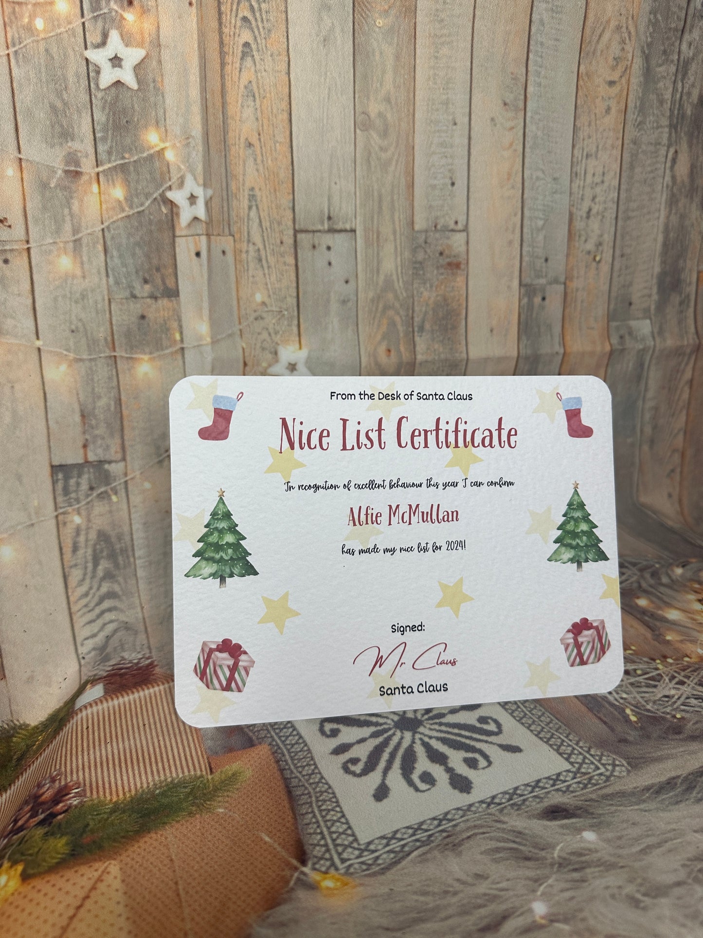 Red Nice List Certificate and Kraft Envelope- 5x7 Size