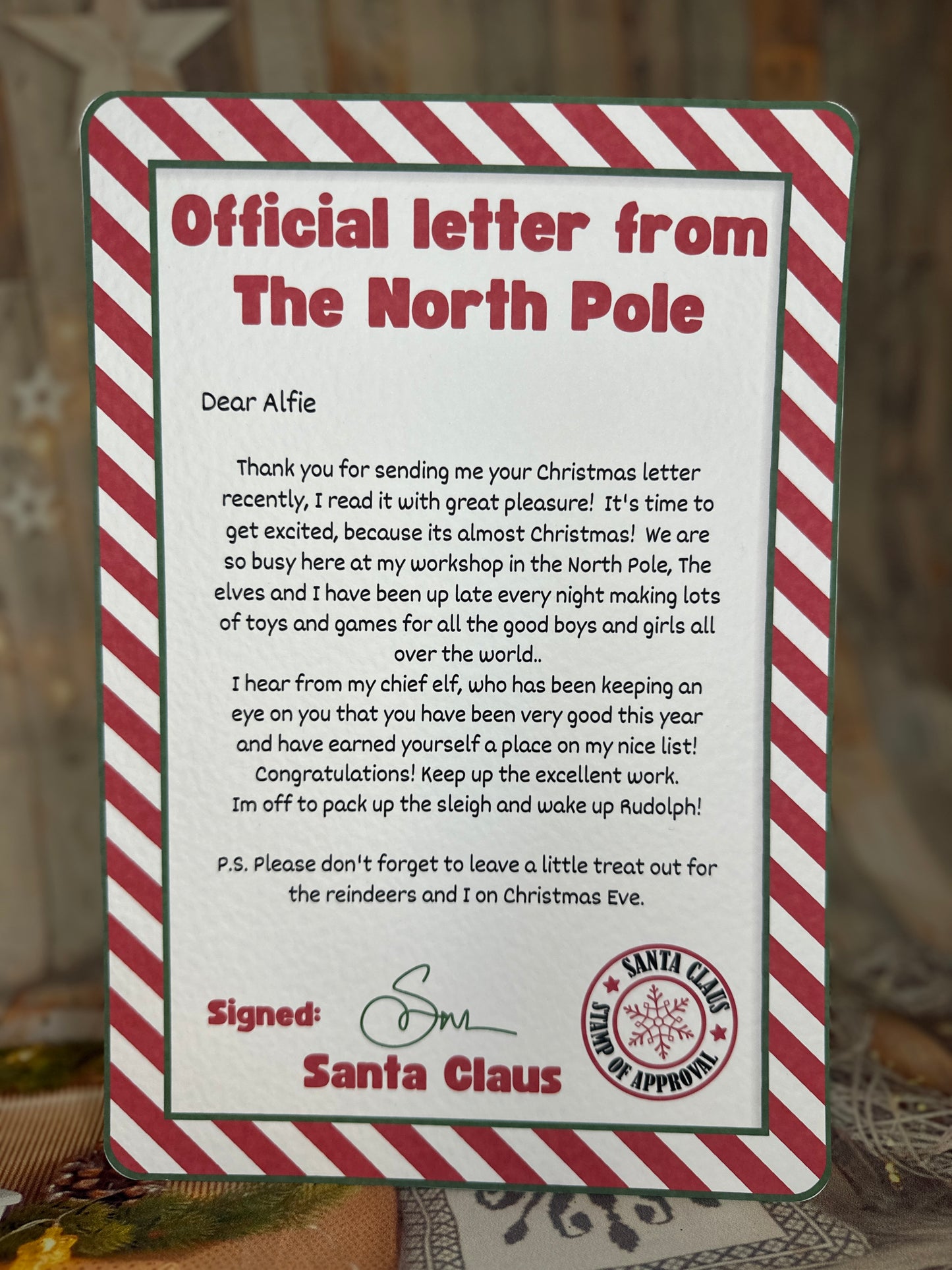 Red Stripe A4 Letter From The North Pole- Personalised