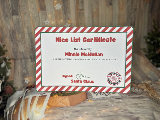 Red Stripe Nice List Certificate, A4 Personalised