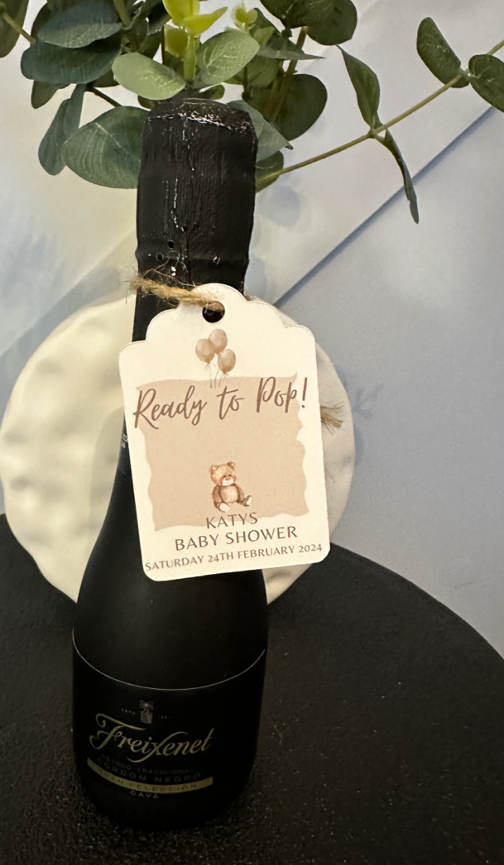 Teddy Bear "Ready To Pop' Personalised Bottle & Gift Tags- Pack of 10