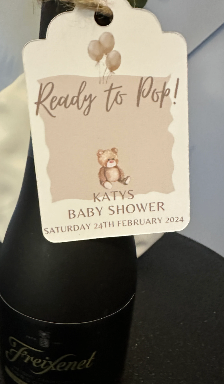 Teddy Bear "Ready To Pop' Personalised Bottle & Gift Tags- Pack of 10