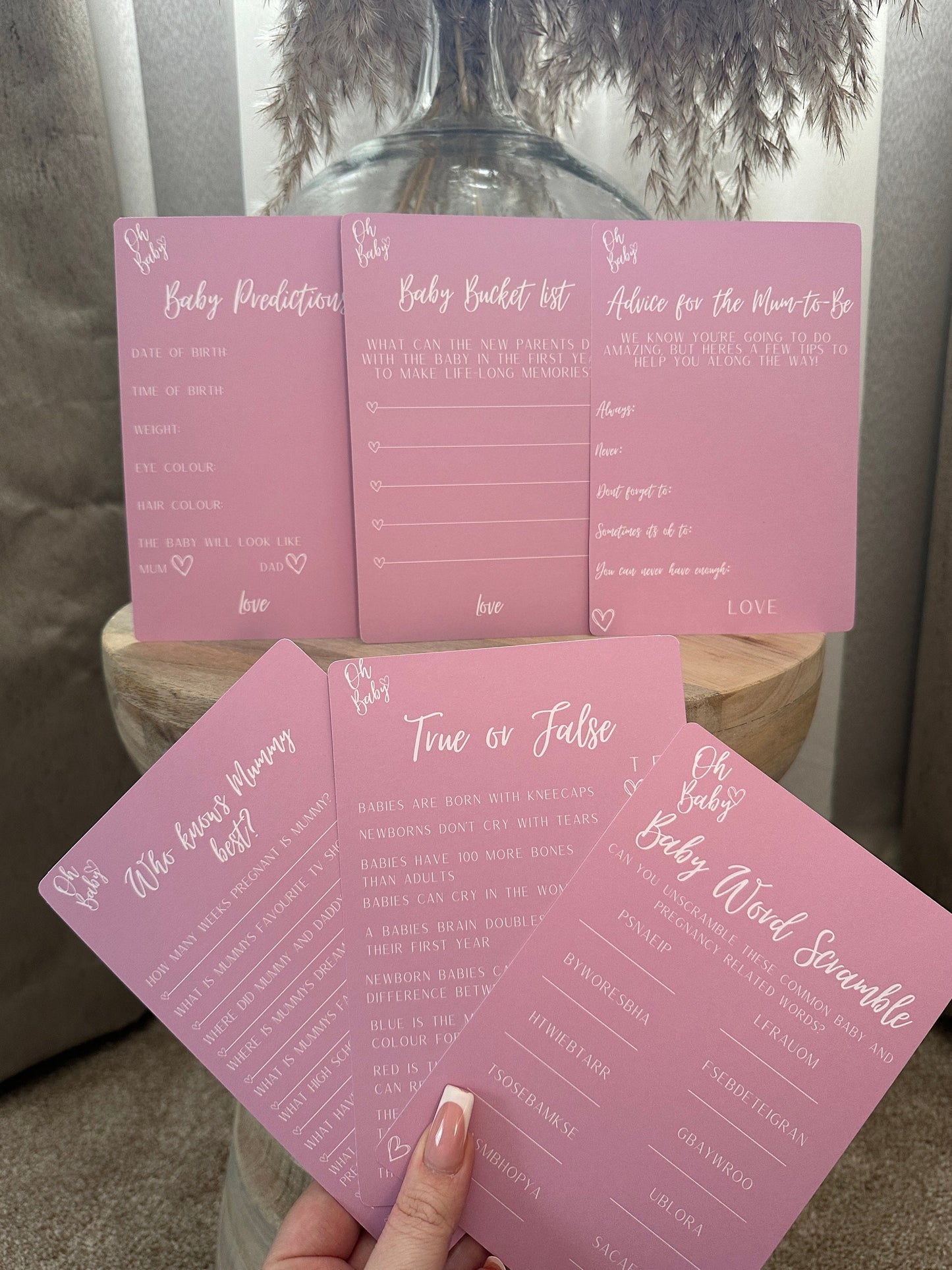 Pink Baby Shower Bundle: Includes 3 games, Prediction Cards, Advice For Mum Cards and Baby Bucket List cards.