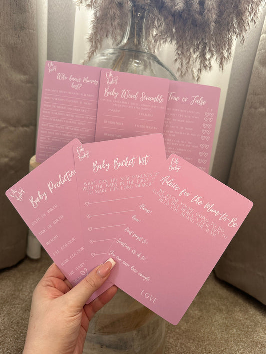 Pink Baby Shower Bundle: Includes 3 games, Prediction Cards, Advice For Mum Cards and Baby Bucket List cards.