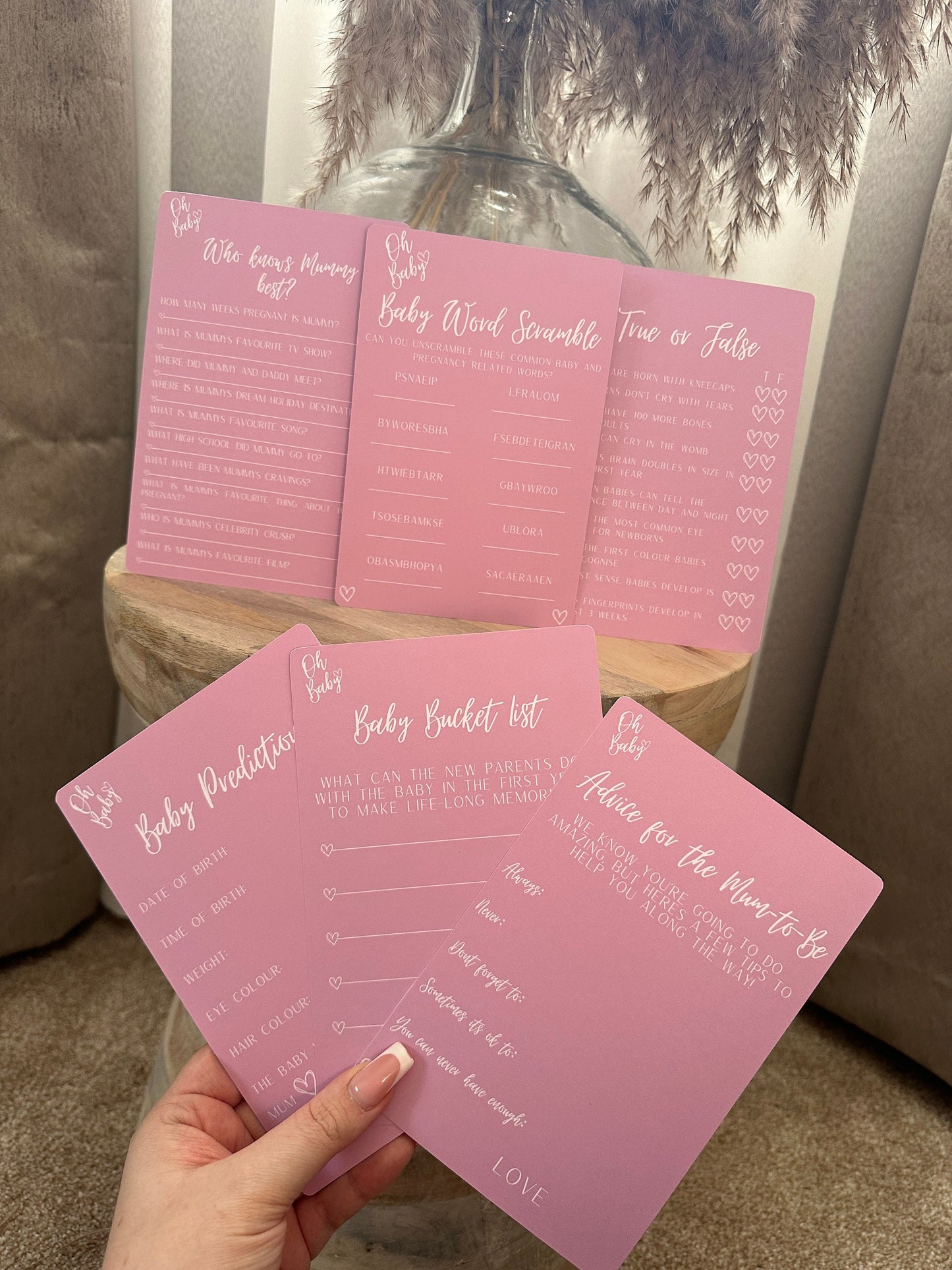 Pink Baby Shower Bundle: Includes 3 games, Prediction Cards, Advice For Mum Cards and Baby Bucket List cards.