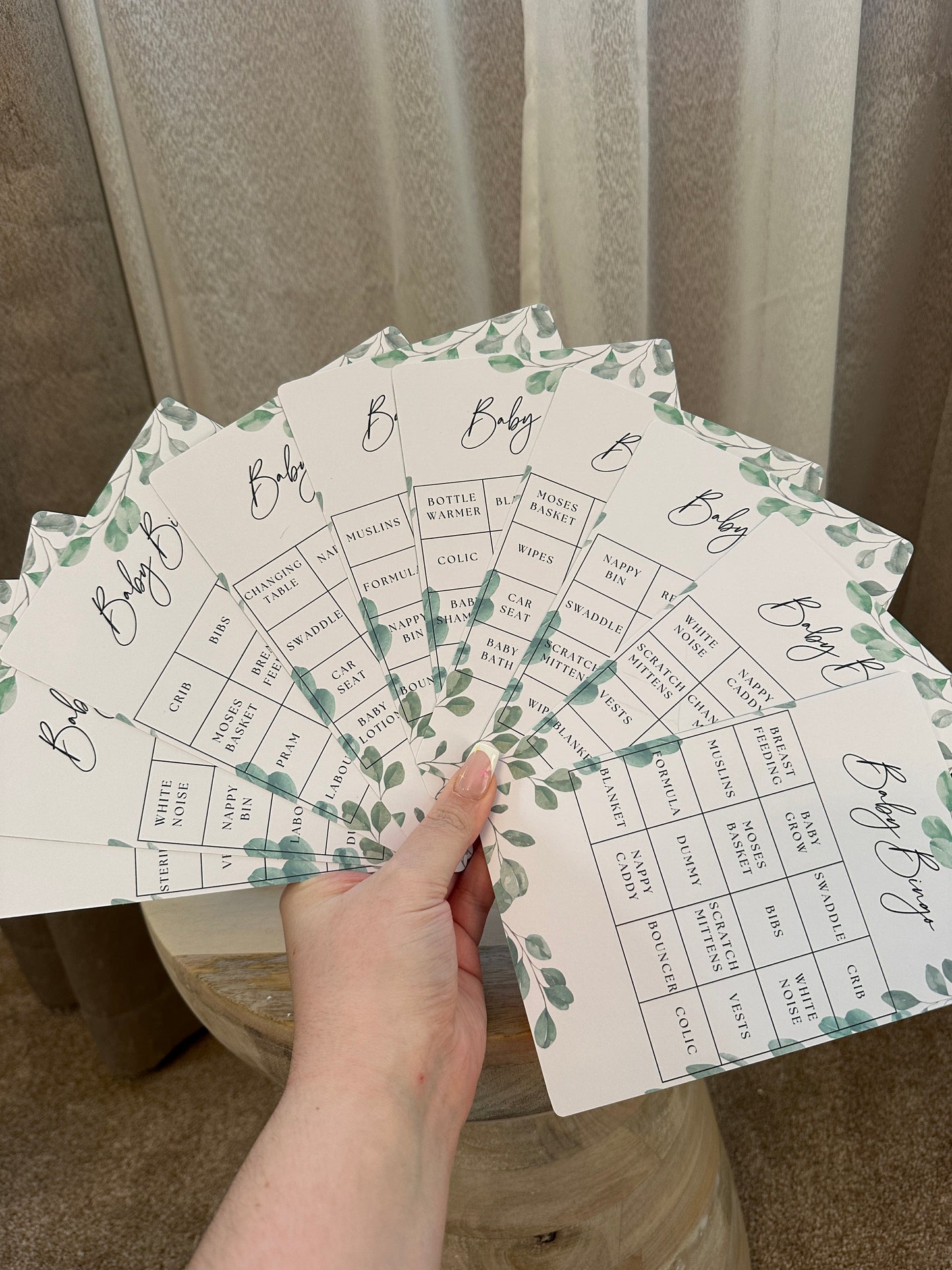 Green Eucalyptus Baby Bingo- 12 Varieties of Card and Call Sheet.