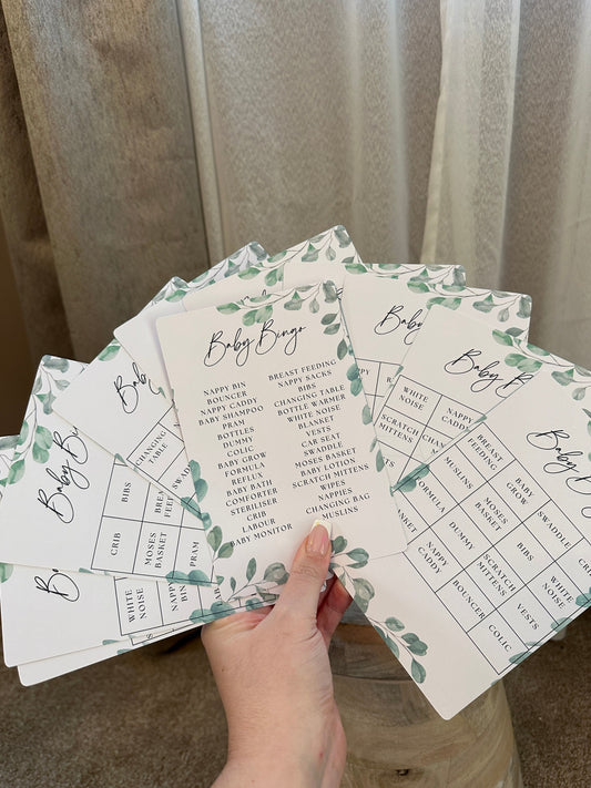 Green Eucalyptus Baby Bingo- 12 Varieties of Card and Call Sheet.