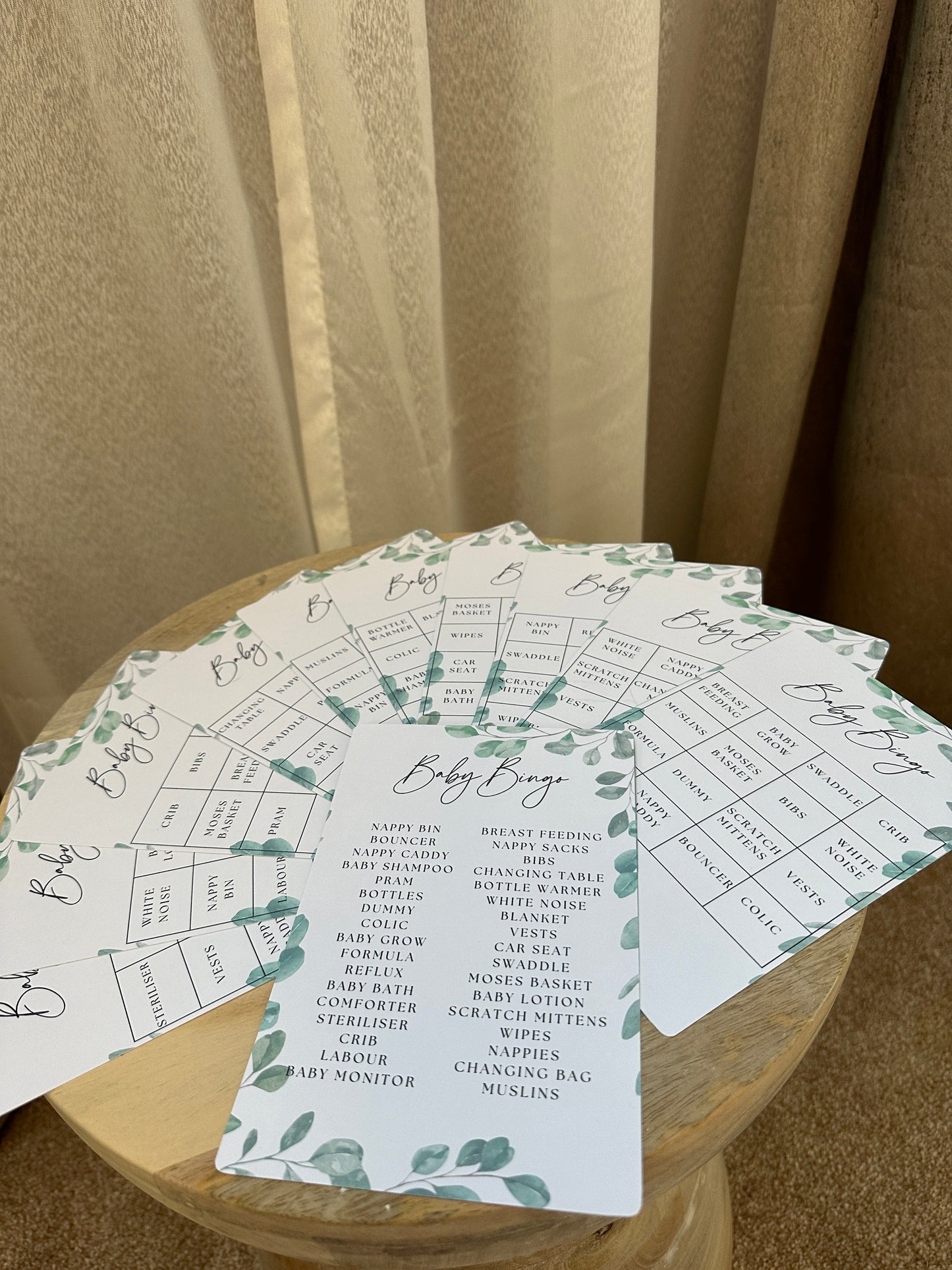 Green Eucalyptus Baby Bingo- 12 Varieties of Card and Call Sheet.