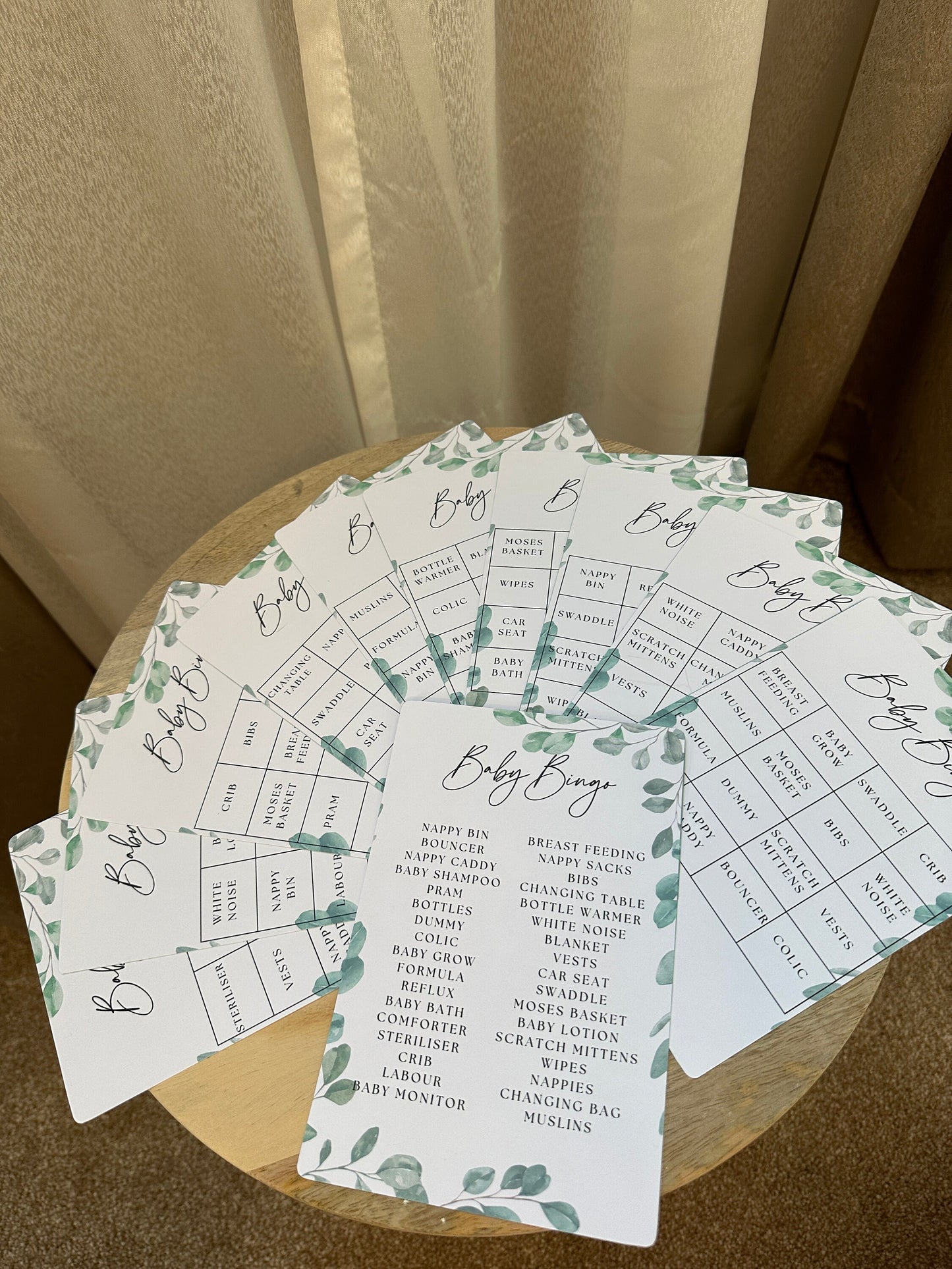 Green Eucalyptus Baby Bingo- 12 Varieties of Card and Call Sheet.