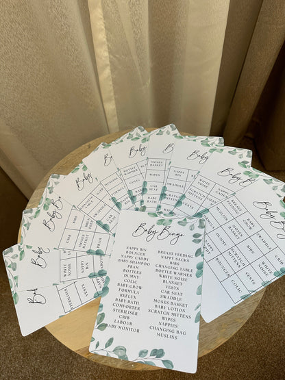 Green Eucalyptus Baby Bingo- 12 Varieties of Card and Call Sheet.