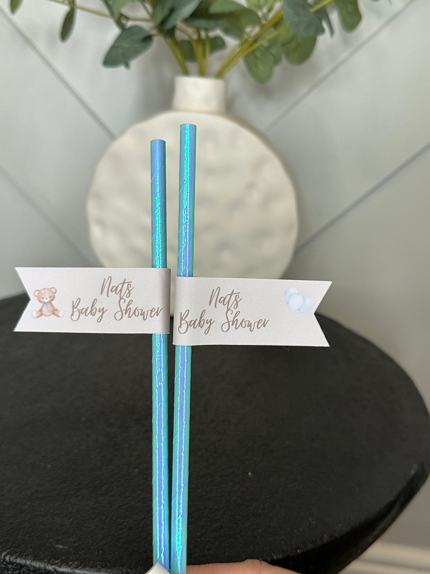 Teddy Bear Baby Shower Straw Flags x10 inc Blue Straws