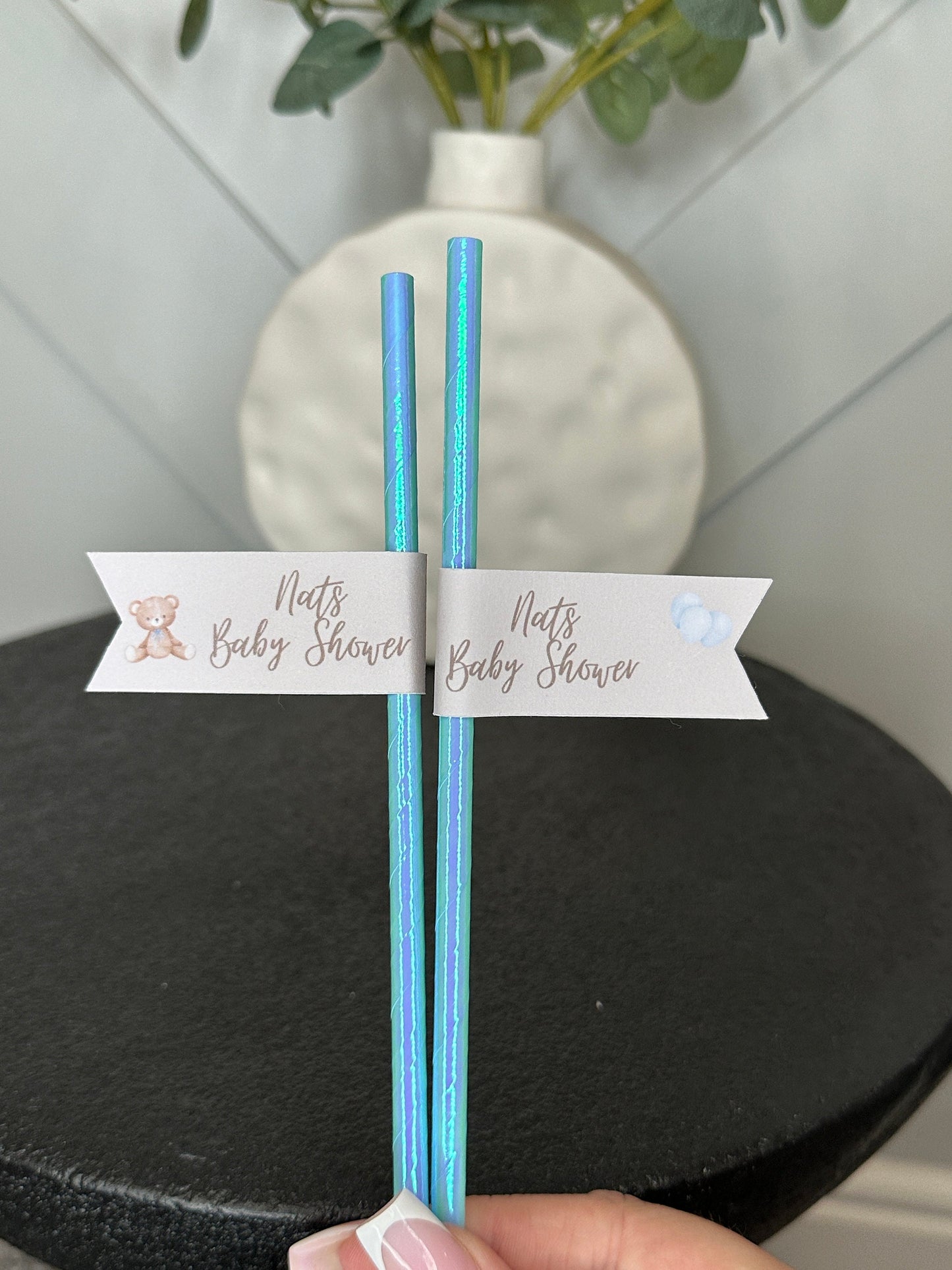 Teddy Bear Baby Shower Straw Flags x10 inc Blue Straws