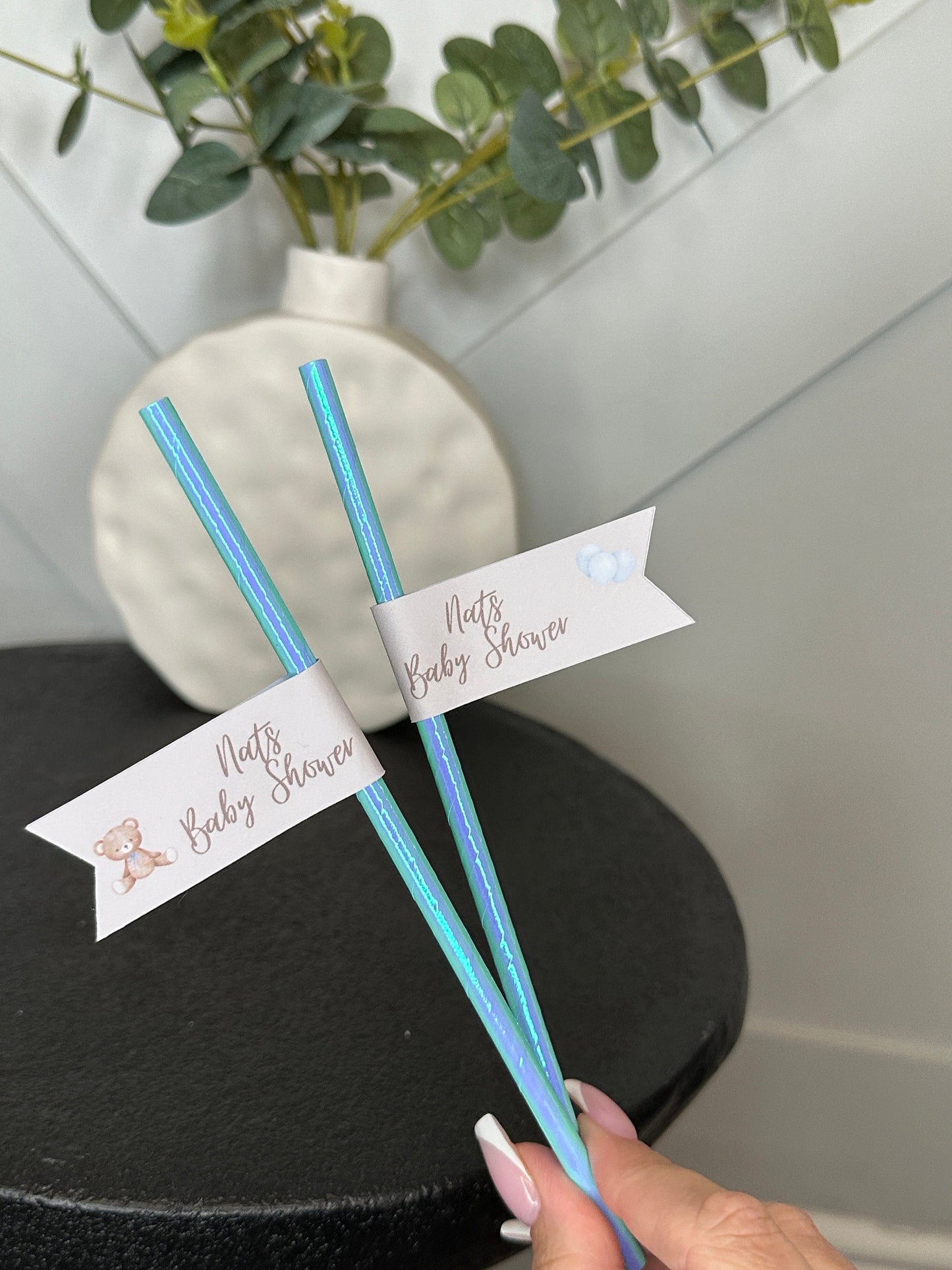 Teddy Bear Baby Shower Straw Flags x10 inc Blue Straws