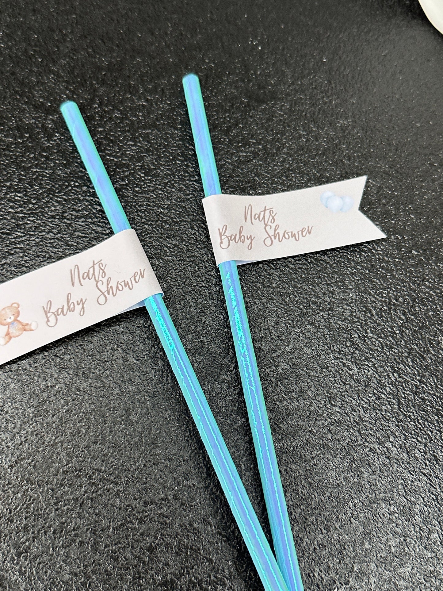 Teddy Bear Baby Shower Straw Flags x10 inc Blue Straws