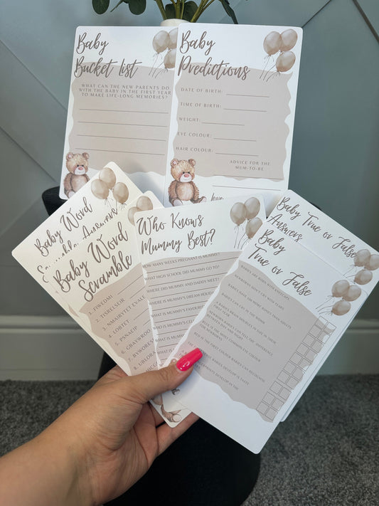 Teddy Bear Baby Shower Bundle: Includes 3 games, Prediction and Advice For Mum Cards and Baby Bucket List Cards